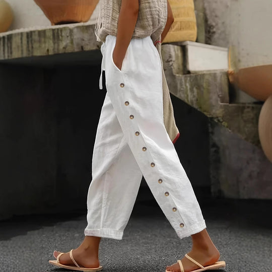 Damen Leichte Leinenhose mit hoher Taille, Kordelzug und seitlicher Druckknopf-Detailierung Nord Taschen