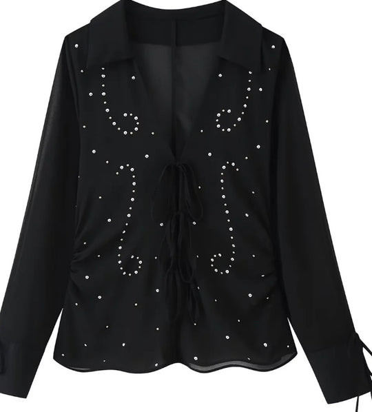 Damen Transparente Chiffonbluse mit Steinbesatz, Bindebändern und V‑Ausschnitt Nord Taschen