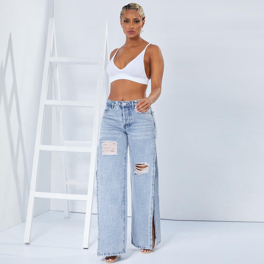 Damen Weite High‑Waist Denim‑Jeans mit hohen Seitenschlitzen und Destroyed‑Details Nord Taschen