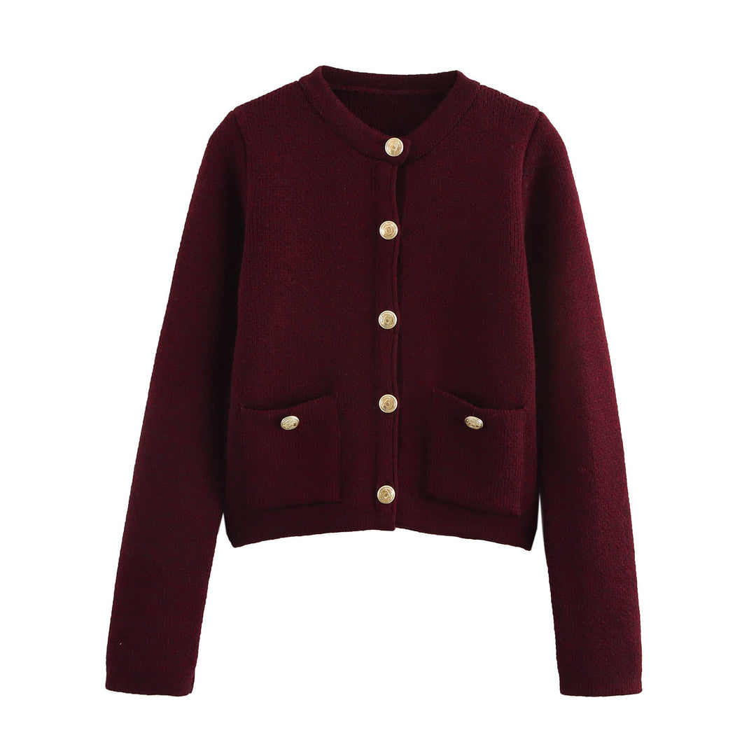 Damen Kurzgeschnittener Bouclé-Cardigan mit Rundhals, Pattentaschen und Münzknöpfen Nord Taschen