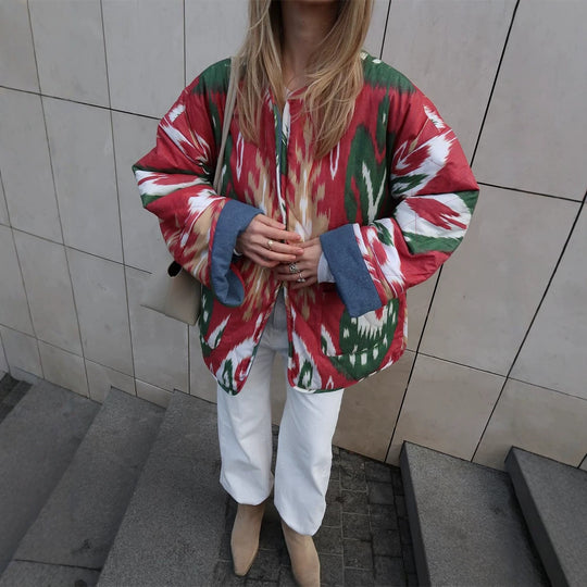 Damen Stepp-Kimonojacke mit Ikat-Print, Oversize‑Schnitt und kontrastierenden Bündchen Nord Taschen