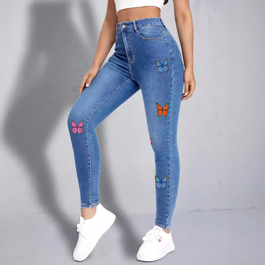 Damen enganliegende High‑Waist Jeansleggings mit buntem Schmetterling-Print Nord Taschen