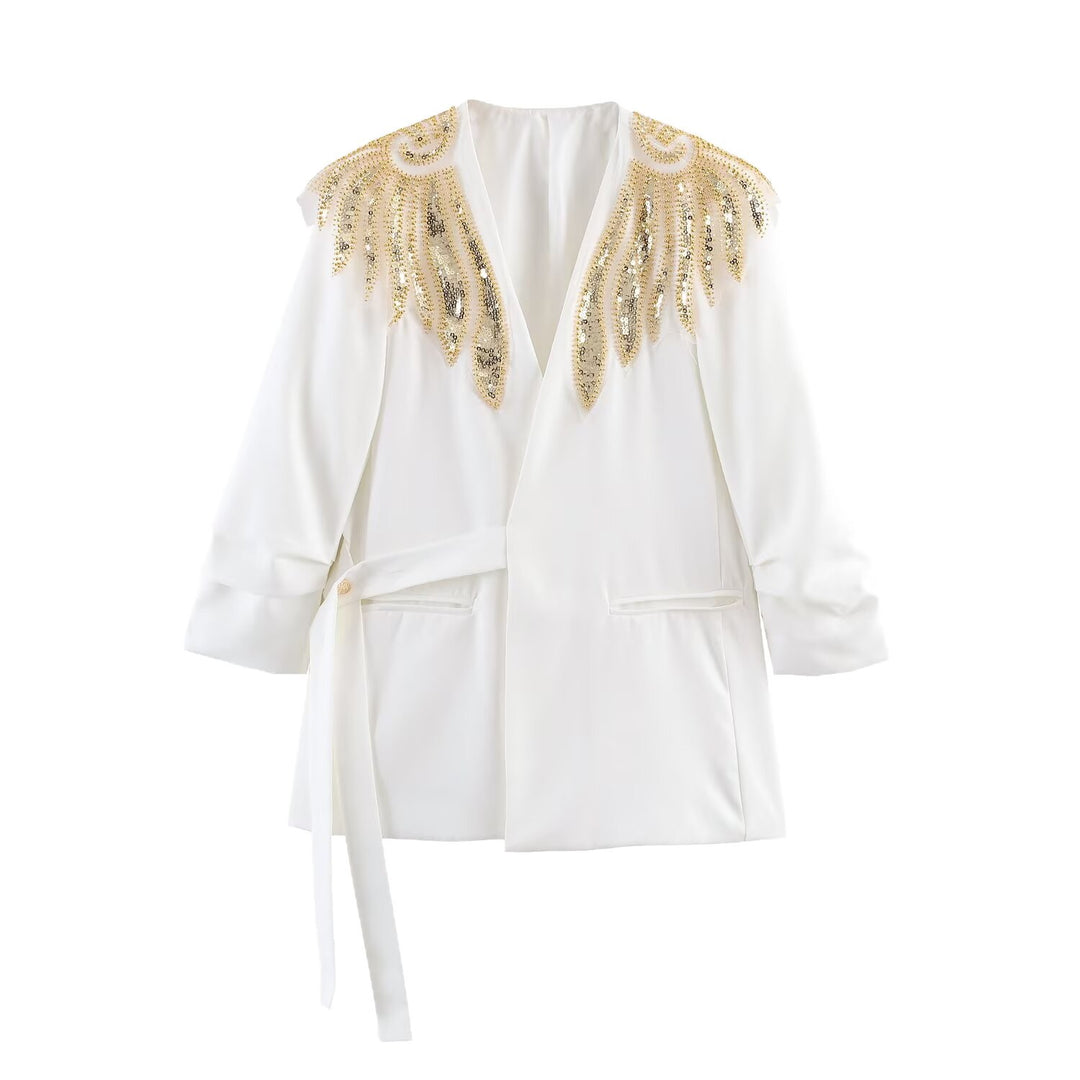 Damen Langline-Blazer mit goldbestickten Schultern und Bindegürtel Nord Taschen