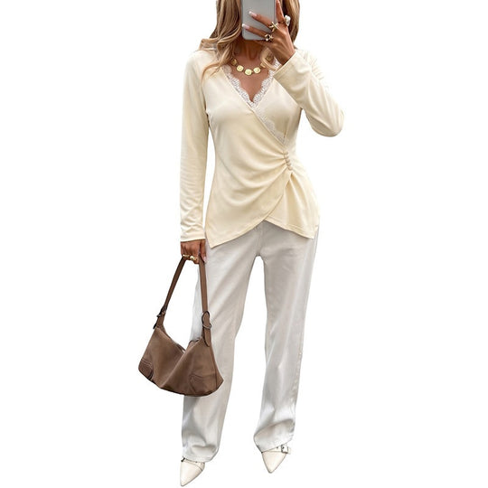 Damen Elegante Wickelbluse mit Spitzendetails Nord Taschen