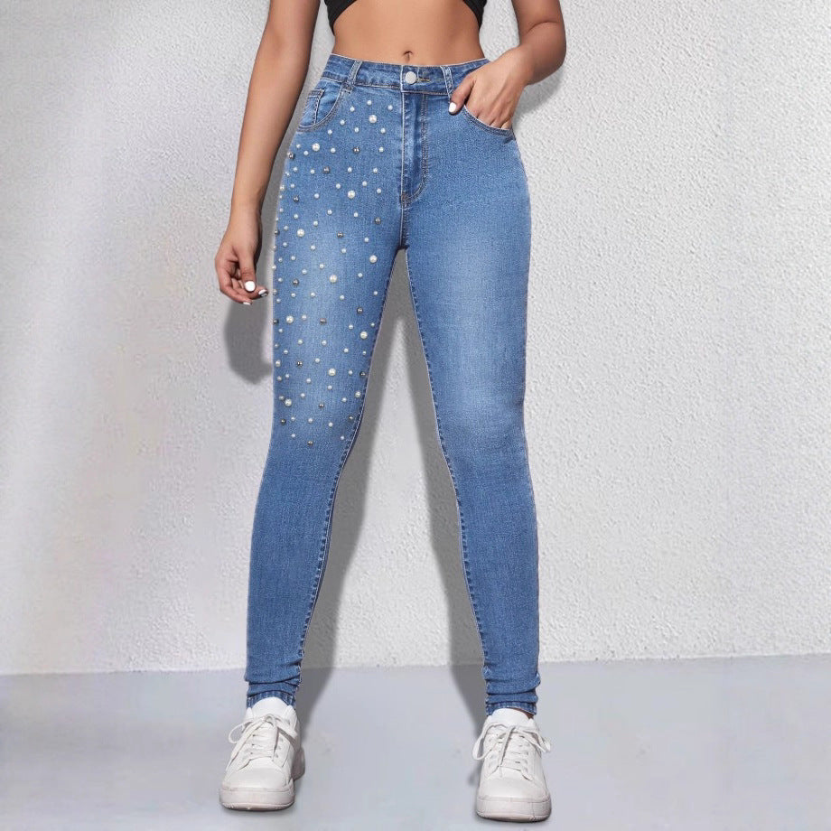 Damen Hochgeschnittene Sculpting-Skinny-Jeans mit asymmetrischem Perlenmuster Nord Taschen