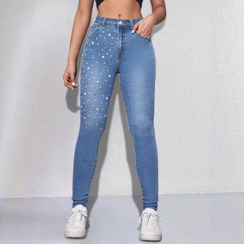 Damen Hochgeschnittene Sculpting-Skinny-Jeans mit asymmetrischem Perlenmuster Nord Taschen