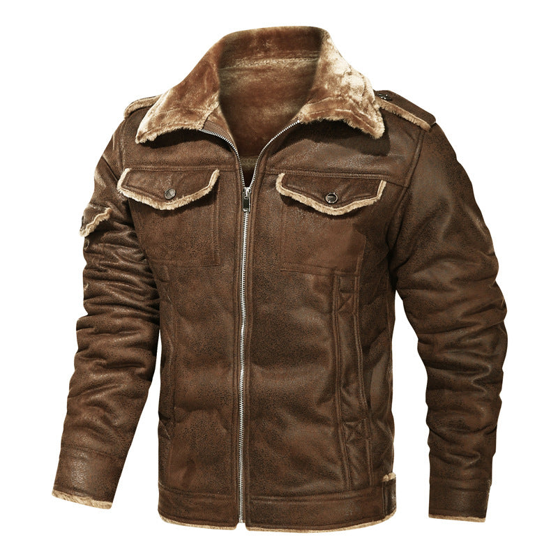 Herren Gefütterte Lammfell‑Imitat Bikerjacke mit Stehkragen und Pattentaschen Nord Taschen