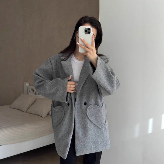 Damen Oversized Blazer-Mantel mit herzförmigen Taschen Nord Taschen