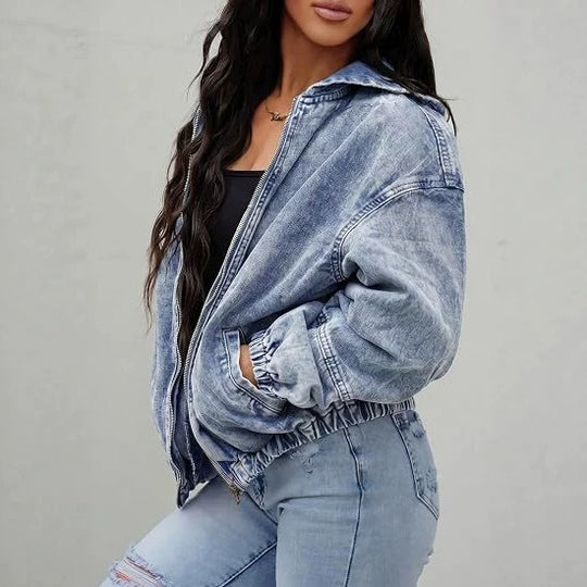 Damen Oversize Jeansjacke mit Kapuze, Reißverschluss und gerafftem Saum Nord Taschen