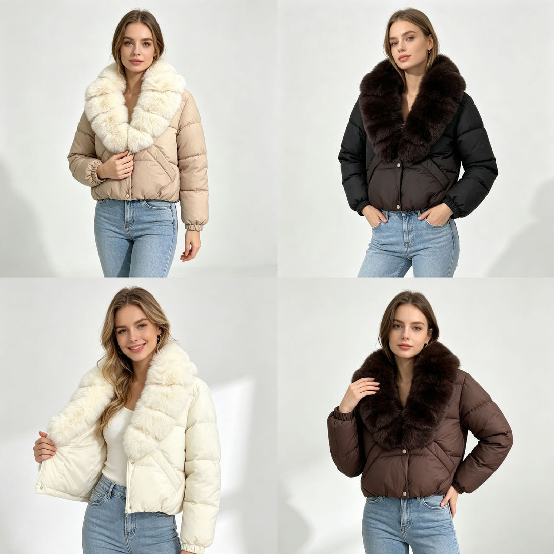 Damen nan kurze wattierte Cropped-Jacke mit extra voluminösem Kunstpelz-Schalkragen und elastischen Bündchen Nord Taschen