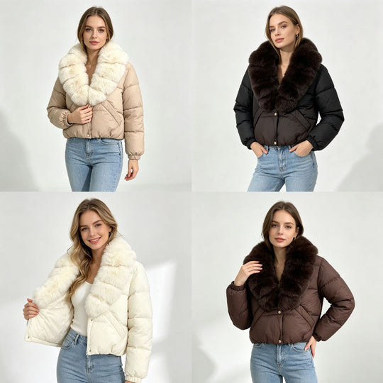 Damen nan kurze wattierte Cropped-Jacke mit extra voluminösem Kunstpelz-Schalkragen und elastischen Bündchen Nord Taschen
