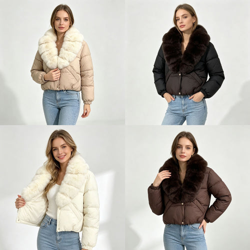 Damen nan kurze wattierte Cropped-Jacke mit extra voluminösem Kunstpelz-Schalkragen und elastischen Bündchen Nord Taschen