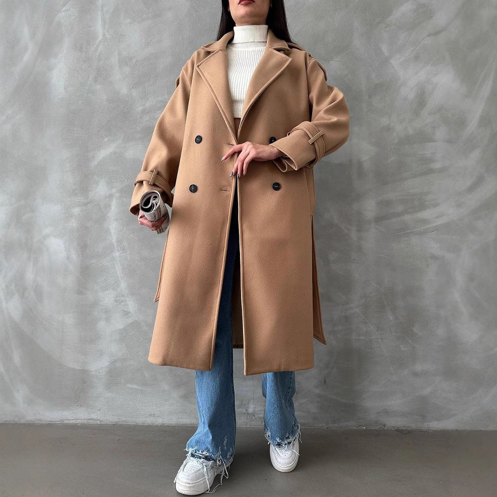 Damen Oversize Wollmix-Mantel mit doppelreihiger Knopfleiste und Taillengürtel Nord Taschen