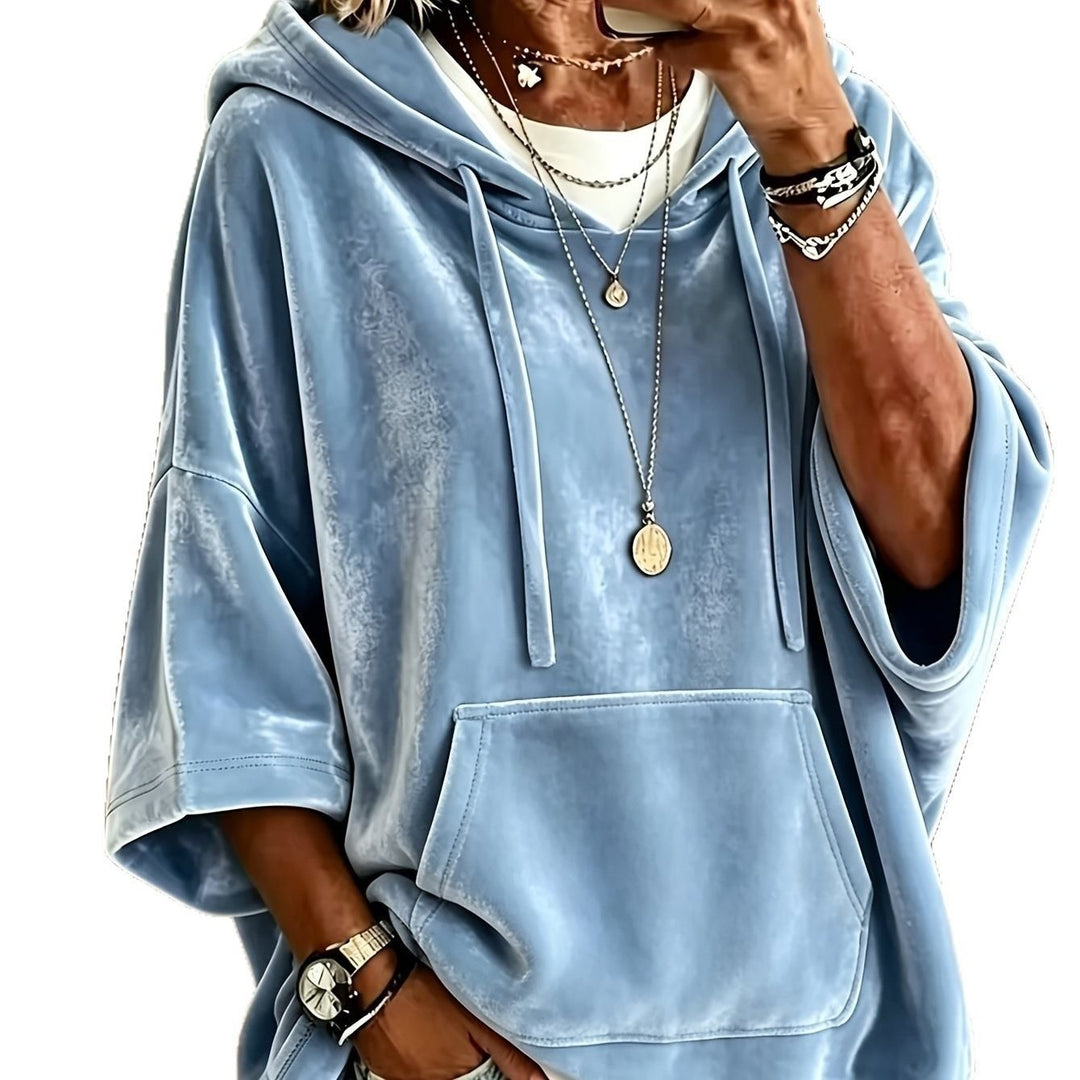 Damen Oversize Samt-Hoodie mit halbarm, Kapuze und Kängurutasche Nord Taschen