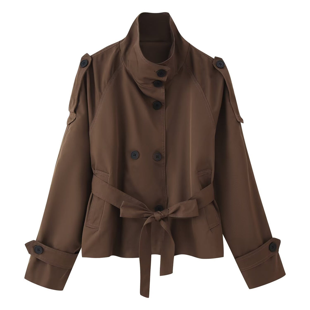 Damen 400+ kurzer taillierter Trenchblouson mit Stehkragen, doppelreihiger Knopfleiste und Bindegürtel Nord Taschen