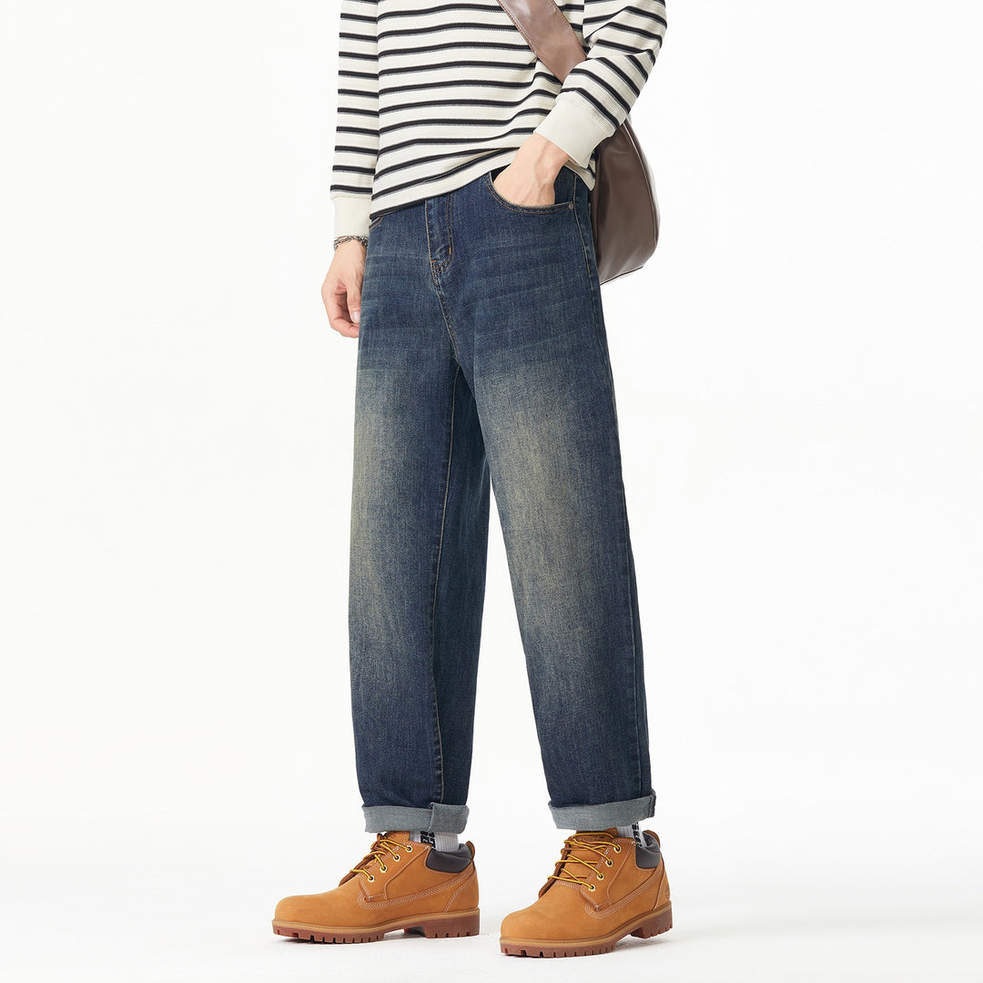 Herren Weite gerade geschnittene Denim-Jeans mit Used‑Wash und Umschlagbund Nord Taschen