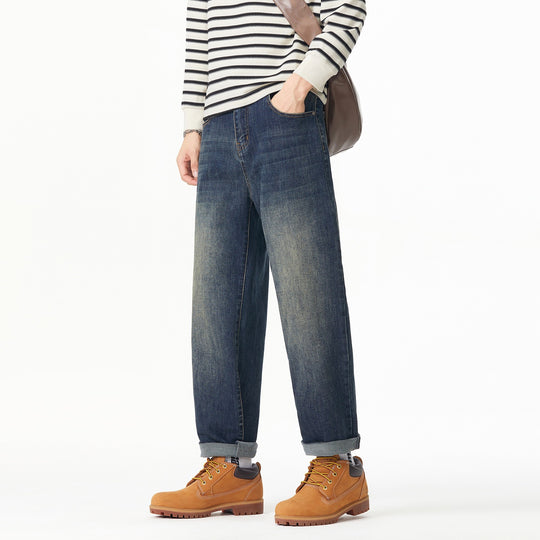 Herren Weite gerade geschnittene Denim-Jeans mit Used‑Wash und Umschlagbund Nord Taschen