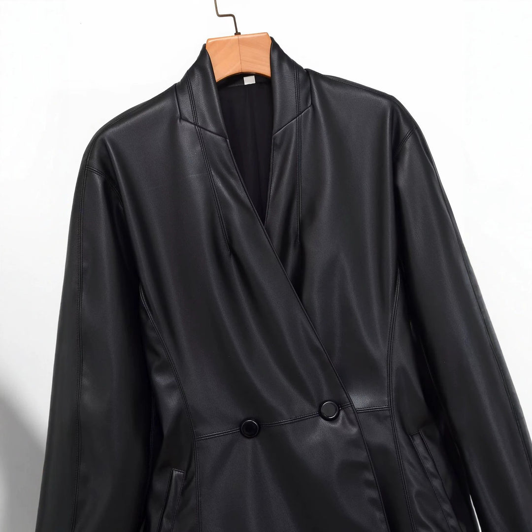 Damen Langer doppeltreihiger Blazer‑Mantel aus veganer Lederoptik mit Schalkragen Nord Taschen