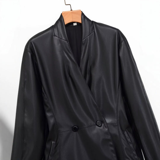 Damen Langer doppeltreihiger Blazer‑Mantel aus veganer Lederoptik mit Schalkragen Nord Taschen