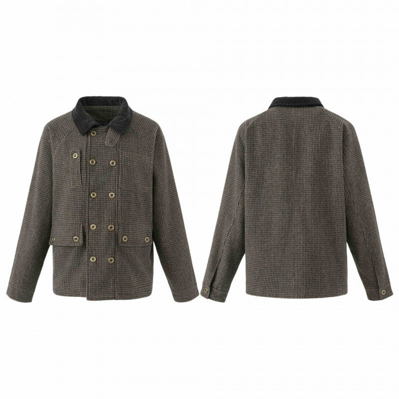 Herren Doppelreihige Wollmix-Fieldjacke im Hahnentritt mit Cordkragen und Pattentaschen Nord Taschen