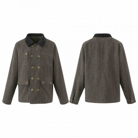 Herren Doppelreihige Wollmix-Fieldjacke im Hahnentritt mit Cordkragen und Pattentaschen Nord Taschen