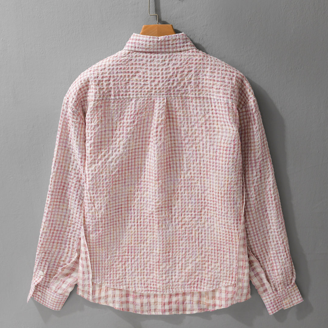Damen Relaxed-Fit Crinkle-Hemdjacke mit feiner Gingham‑Webstruktur und dezenter Bruststickerei Nord Taschen