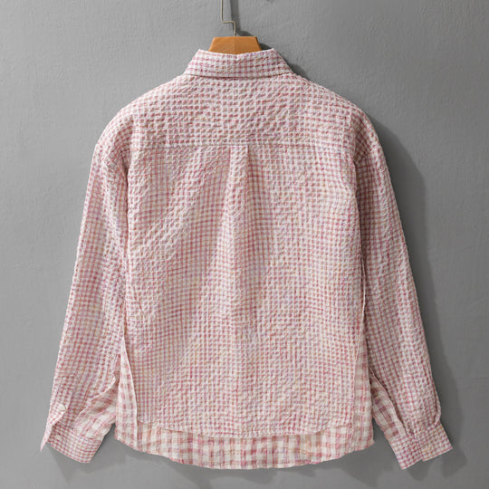 Damen Relaxed-Fit Crinkle-Hemdjacke mit feiner Gingham‑Webstruktur und dezenter Bruststickerei Nord Taschen