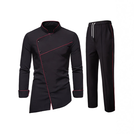 Herren Kochjacke- und Hose-Set aus pflegeleichtem Mikrofaser mit asymmetrischer Knopfleiste und schwarzer Paspelierung Nord Taschen