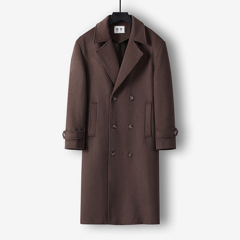 Herren Langer Doppelreihiger Wollmantel mit minimalistischer Silhouette und Schalkragen Nord Taschen