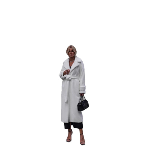 Damen Eleganter Maxi-Wollmantel mit Taillengürtel, breitem Revers und krempelbaren Manschetten Nord Taschen