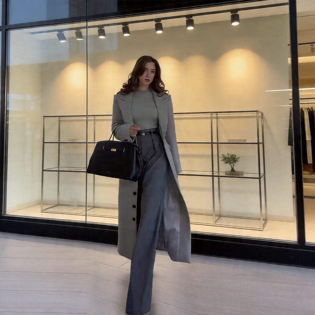 Damen Longline-Mantel aus Wollmix mit figurnaher Silhouette, Reverskragen und durchgehender Knopfleiste Nord Taschen
