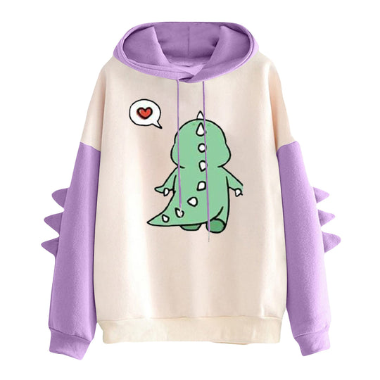 Damen nan Kapuzenpullover mit niedlichem Dino-Print, kontrastkapuze und dekorativen Stoffstacheln Nord Taschen