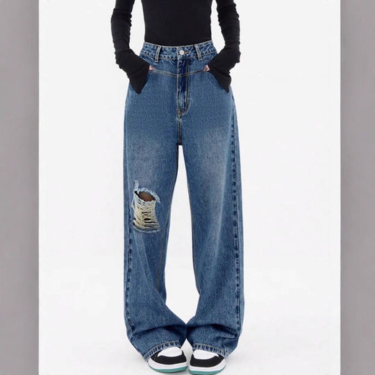 Damen hochtaillierte Oversized-Baggy-Jeans mit Knie-Rip und weitem Bein Nord Taschen