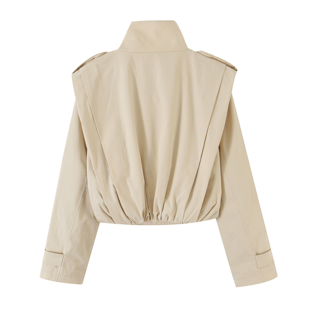 Damen Cropped Doppelreihiger Trench‑Blouson mit Stehkragen und taillierendem Gummizug Nord Taschen