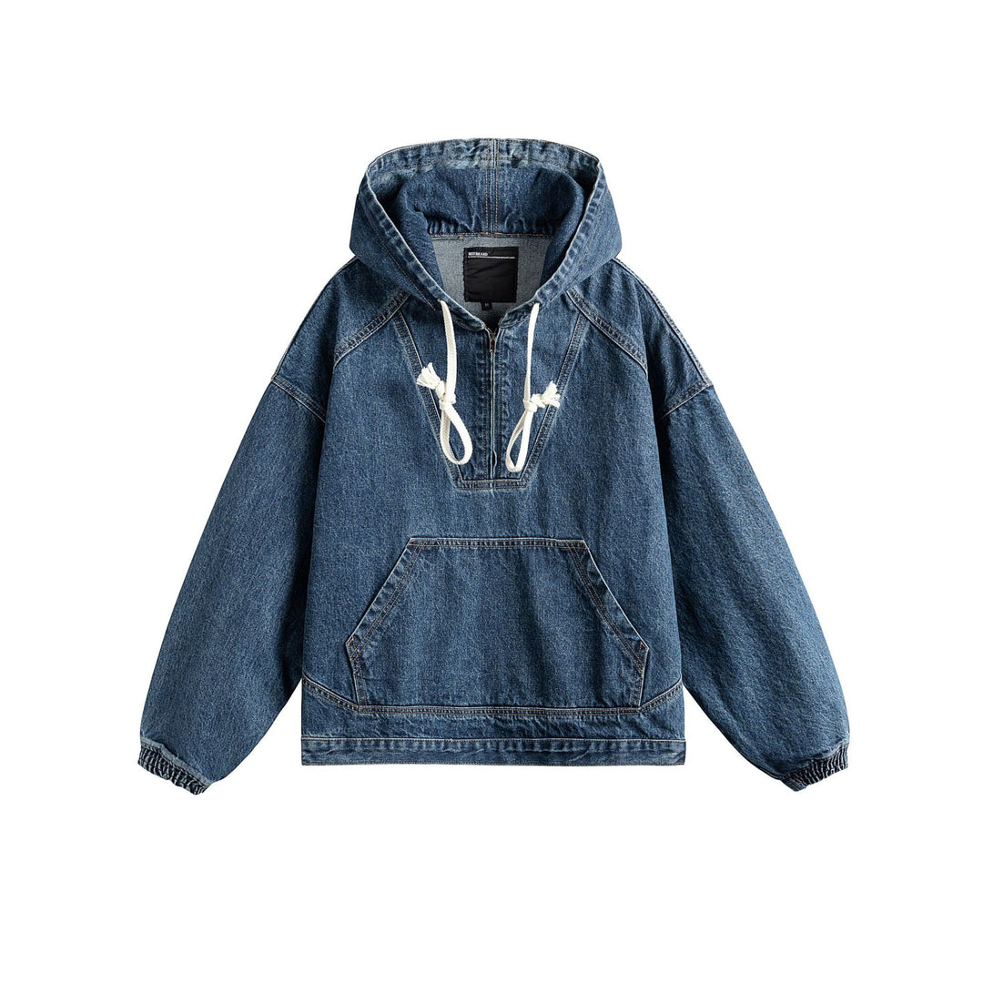 Unisex Oversize Denim Hoodie mit Halbreißverschluss, Kängurutasche und Tunnelzug Nord Taschen