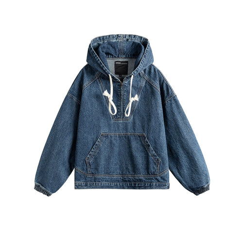 Unisex Oversize Denim Hoodie mit Halbreißverschluss, Kängurutasche und Tunnelzug Nord Taschen
