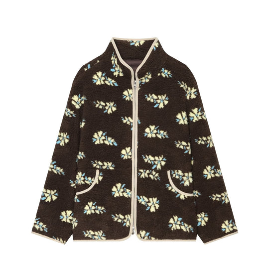 Damen Teddy-Fleecejacke mit floralem Allover‑Muster, Stehkragen und Reißverschluss Nord Taschen