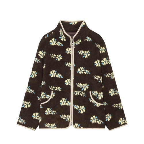 Damen Teddy-Fleecejacke mit floralem Allover‑Muster, Stehkragen und Reißverschluss Nord Taschen