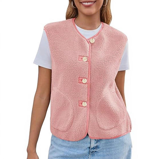 Damen Teddy-Fleece-Weste mit Rundhalsausschnitt und Knopfverschluss Nord Taschen