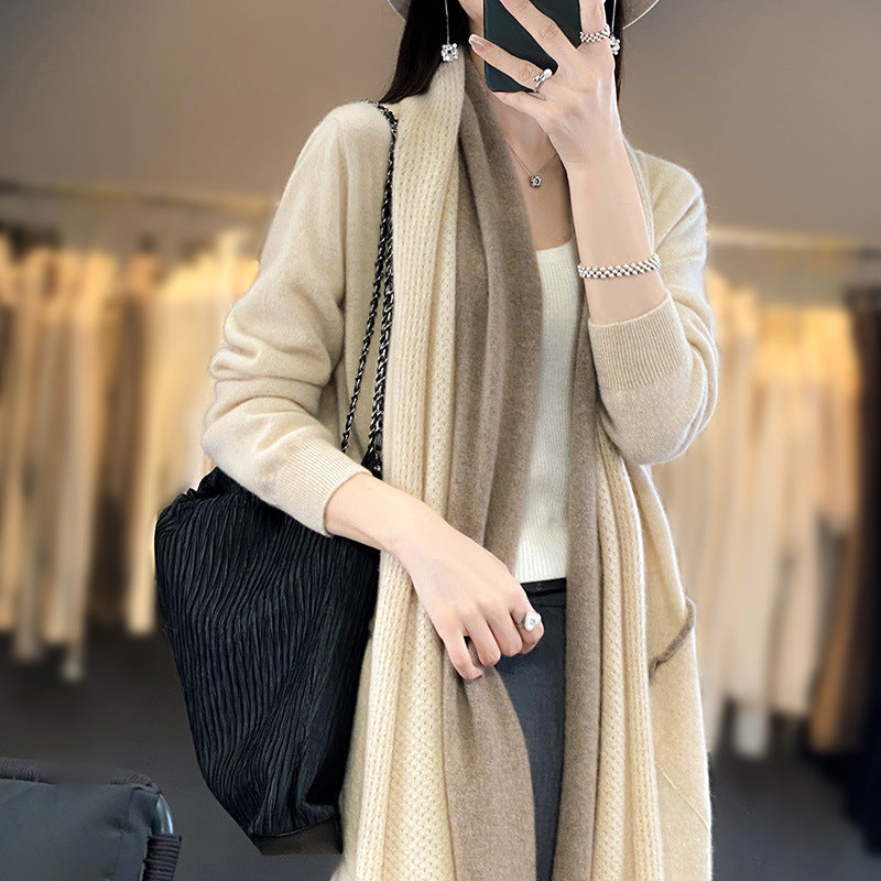 Damen Langer offener Cardigan in Kaschmir‑Look mit Schalkragen und Eingriffstaschen Nord Taschen