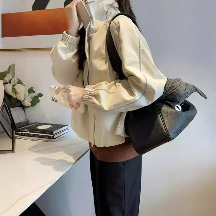 Damen Leichte Overshirt‑Jacke mit Stehkragen, Druckknopfverschluss & Kontrastnaht Nord Taschen