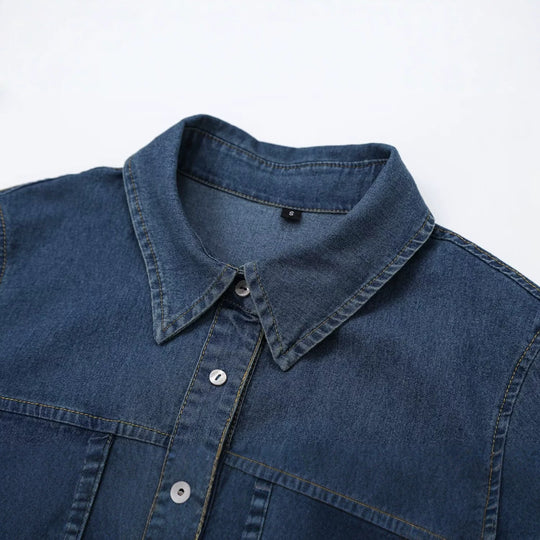 Damen Kurzärmeliges Denim-Hemdkleid mit durchgehender Knopfleiste und Brustklappentaschen Nord Taschen