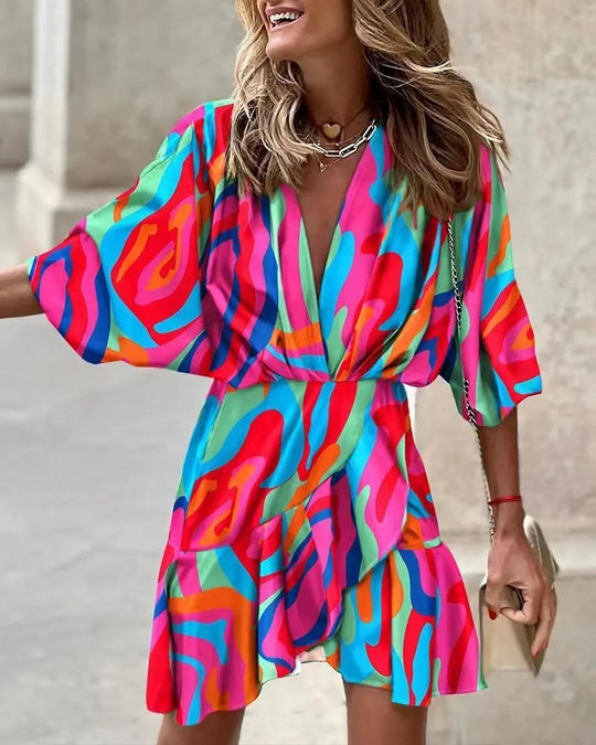 Damen Wickelmini-Kleid mit voluminösen Ärmeln und modischem Animal-Print