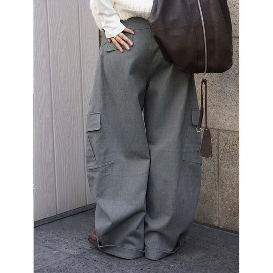 Damen Weite Twill-Cargo-Hose im Baggy-Stil mit hoher Bundlinie, Knie-Panels und Umschlagsaum Nord Taschen