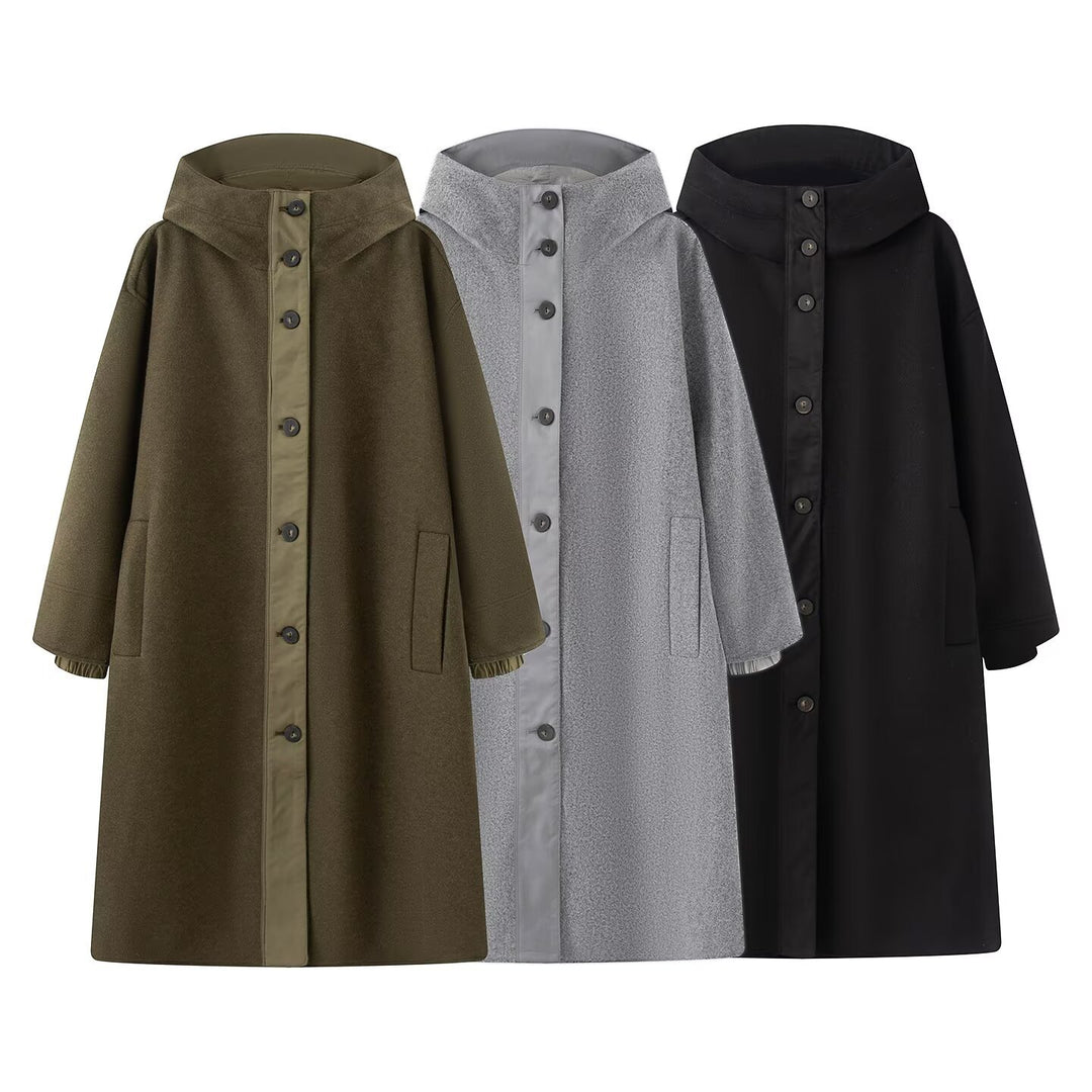 Damen Weicher Oversize Wollmix‑Mantel mit Kapuze und durchgehender Knopfleiste Nord Taschen