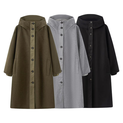 Damen Weicher Oversize Wollmix‑Mantel mit Kapuze und durchgehender Knopfleiste Nord Taschen