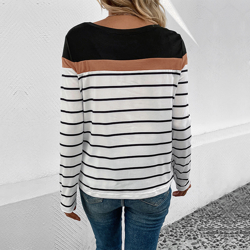 Damen Gestreiftes Langarmshirt mit Colorblock-Detail und Rundhalsausschnitt Nord Taschen