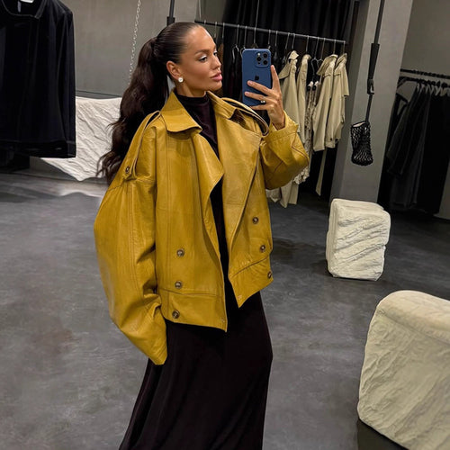 Damen Oversize Lederjacke mit voluminösen Ballonärmeln und kurzer Boxy-Silhouette Nord Taschen