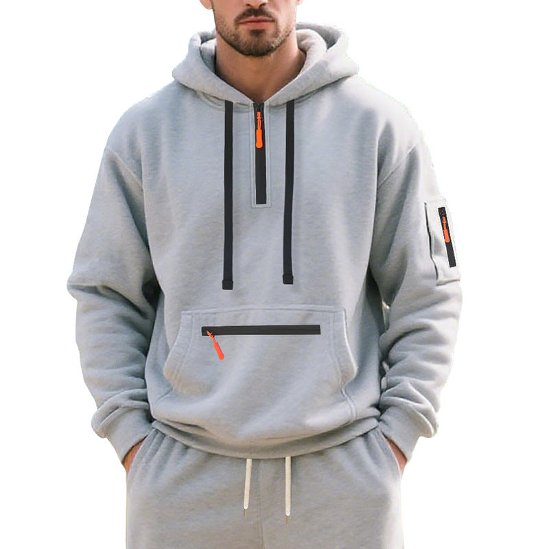 Herren Oversize-Kapuzenpullover mit halbem Reißverschluss, Kängurutasche mit Reißverschluss und Ärmel-Pocket Nord Taschen
