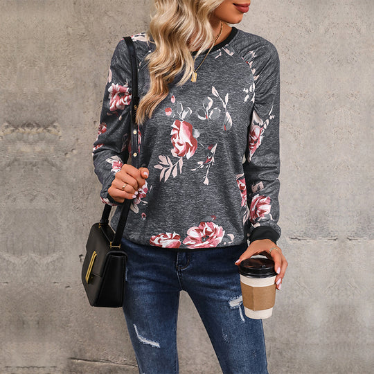 Damen Lässiges Raglan-Sweatshirt mit floralem Vintage-Muster und gerippten Bündchen Nord Taschen